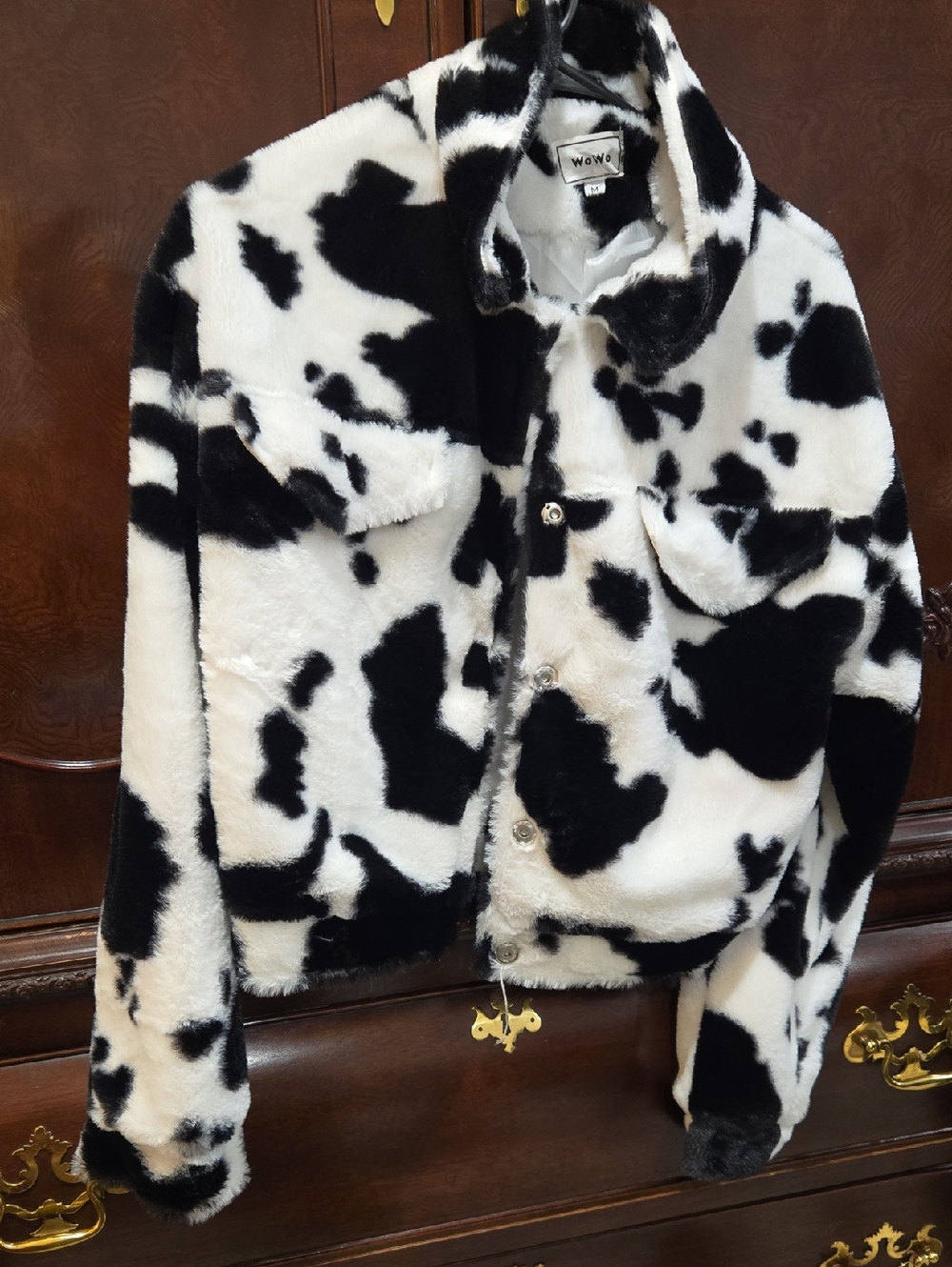 Wowo Black & White Faux Fur Cow Print Jacket